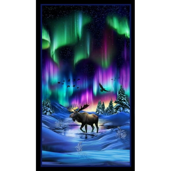24" X 44" Panel Aurora Moose Northern Lights Wildlife Snow Night Elizabeth Studios Cotton Fabric Panel (734BLACK)