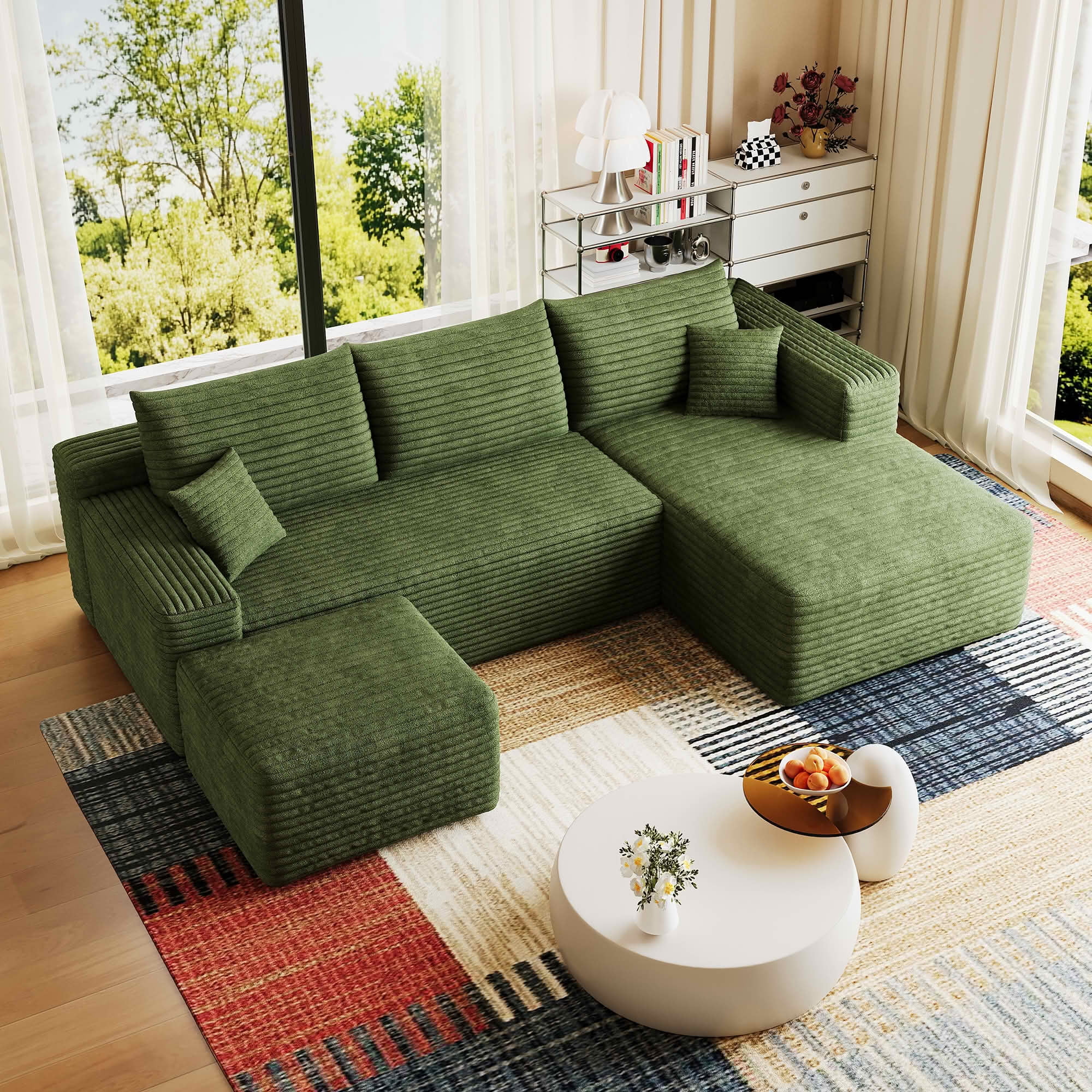 MAYEERTY 95 Inch U‑Shaped Cloud Sectional Sofa with 1 Ottoman, Modern Deep‑Seat Corner Couch, Plush Corduroy Reversible Sofa, No‑Assembly for Living Room Bedroom Apartment