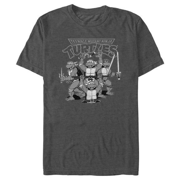 Men's Teenage Mutant Ninja Turtles Distressed Black and White Group Photo Graphic Tee Charcoal Heather X Large