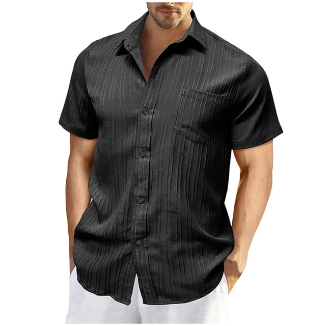 Blusa y camisa de manga corta con cuello vuelto para hombre, color liso, manga corta, solapa, bolsillo, botones, cárdigan, blusa para hombre