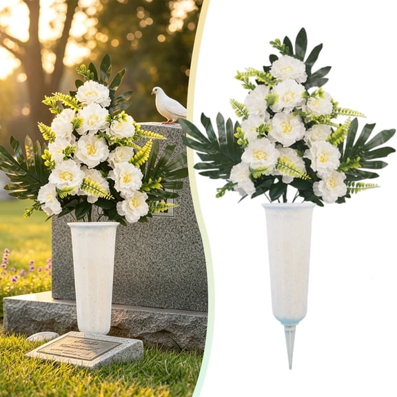 Artificial Cemetery Flowers for Grave, Chrysanthemum Cemetery Flower, Artificial Grave Flowers with Vase, Memorial Day Flowers for Cemetery Memorial Flowers with Vase for Cemetery Grave Decoration