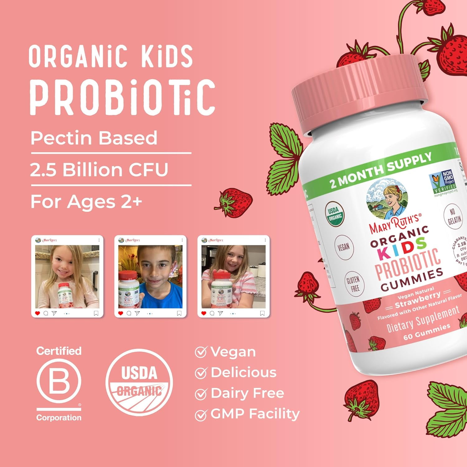 MaryRuth's Kids Probiotic Gummies USDA Organic Strawberry Flavor Vegan Dairy-Free Gluten-Free 60 Count