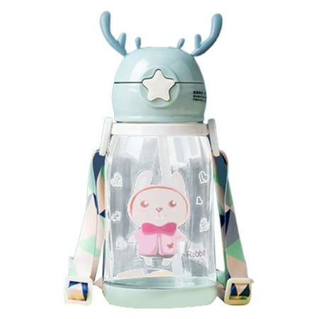 

600ML Cartoon Children s Water Bottle with Straw and Strap Portable Drinking Cup Light Blue