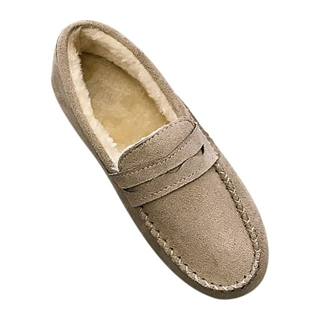 Womens Moccasin Slippers Plush Fleece Line Suede Upper Simplicity Solid Color Slip On Comfortable Non Slip Warm Winter Flock Shoes Soft Flat Bottom Doudou Shoes Khaki