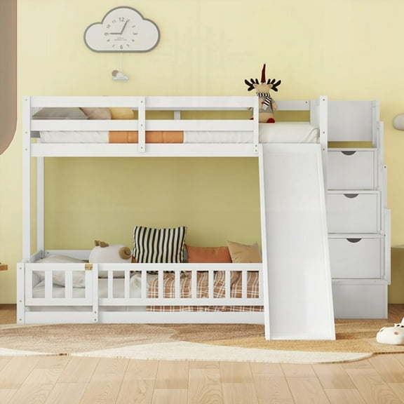 Pine Solid Wooden Twin Over Full Bunk Bed Featuring a Slide, Storage Staircase and Safety Guardrails, White Color