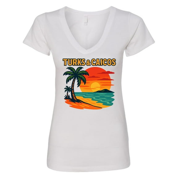Inktastic Turks & Caicos Sunset Palm Tree Beach Scene Women's V-Neck T-Shirt
