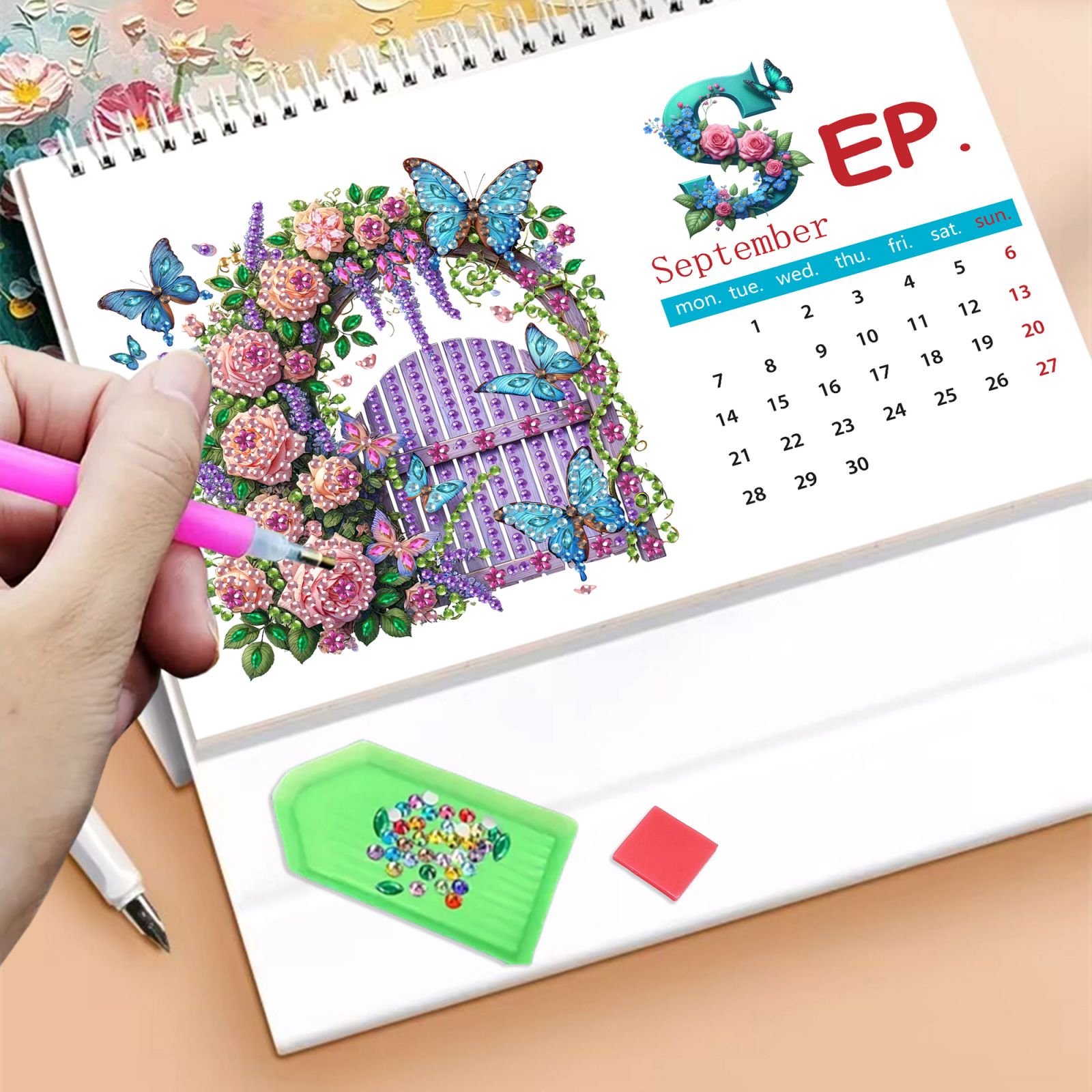 FLOPESN 2026 DIY Diamond Art Painting Desk Calendar,Thick Paper Monthly Flip Tabletop Calendar with To Do List for Home Office Planning-Butterfly