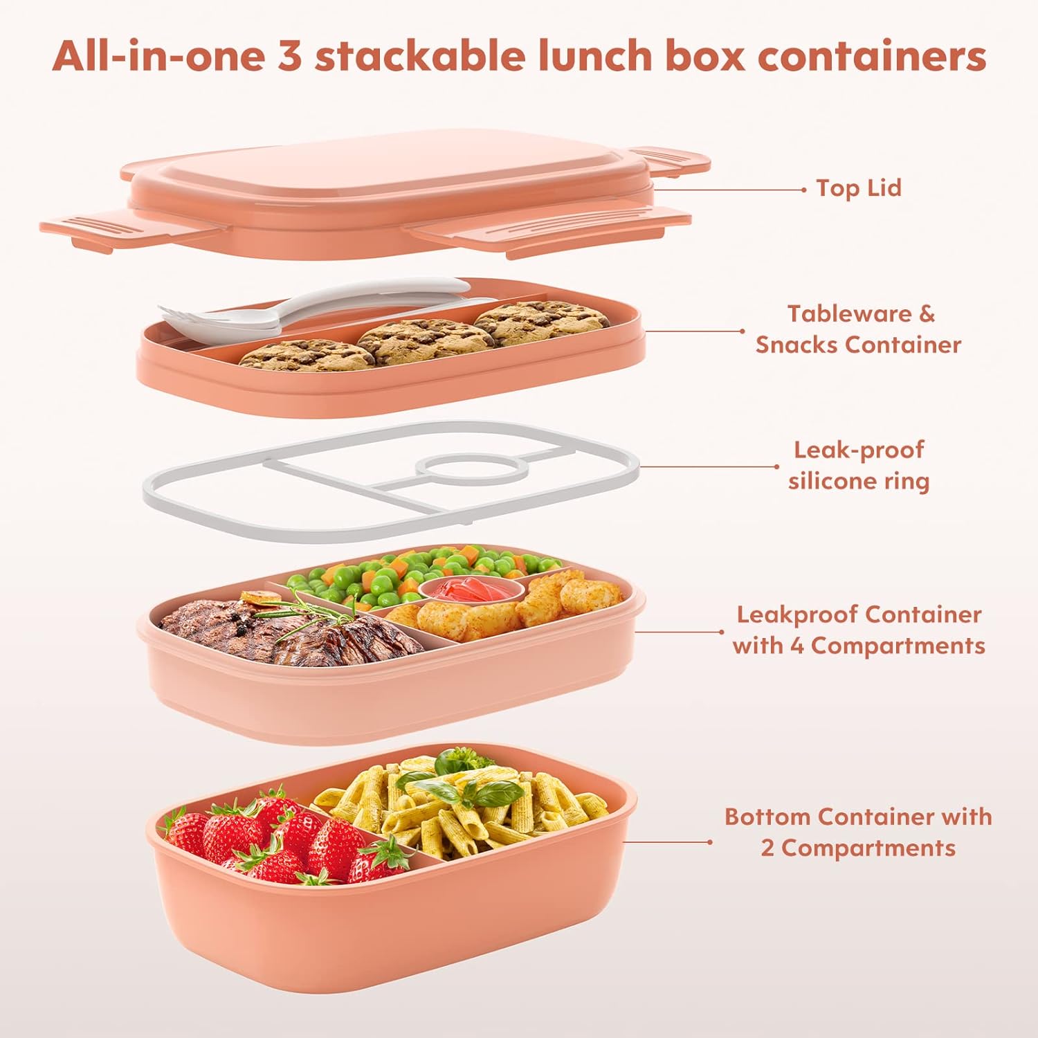 Adult Lunch Box,3 Stackable Bento Lunch Containers for Adults, Modern Minimalist Design Bento Box with Utensil Set, Leak-Proof Lunchbox for Dining Out, Work, Picnic