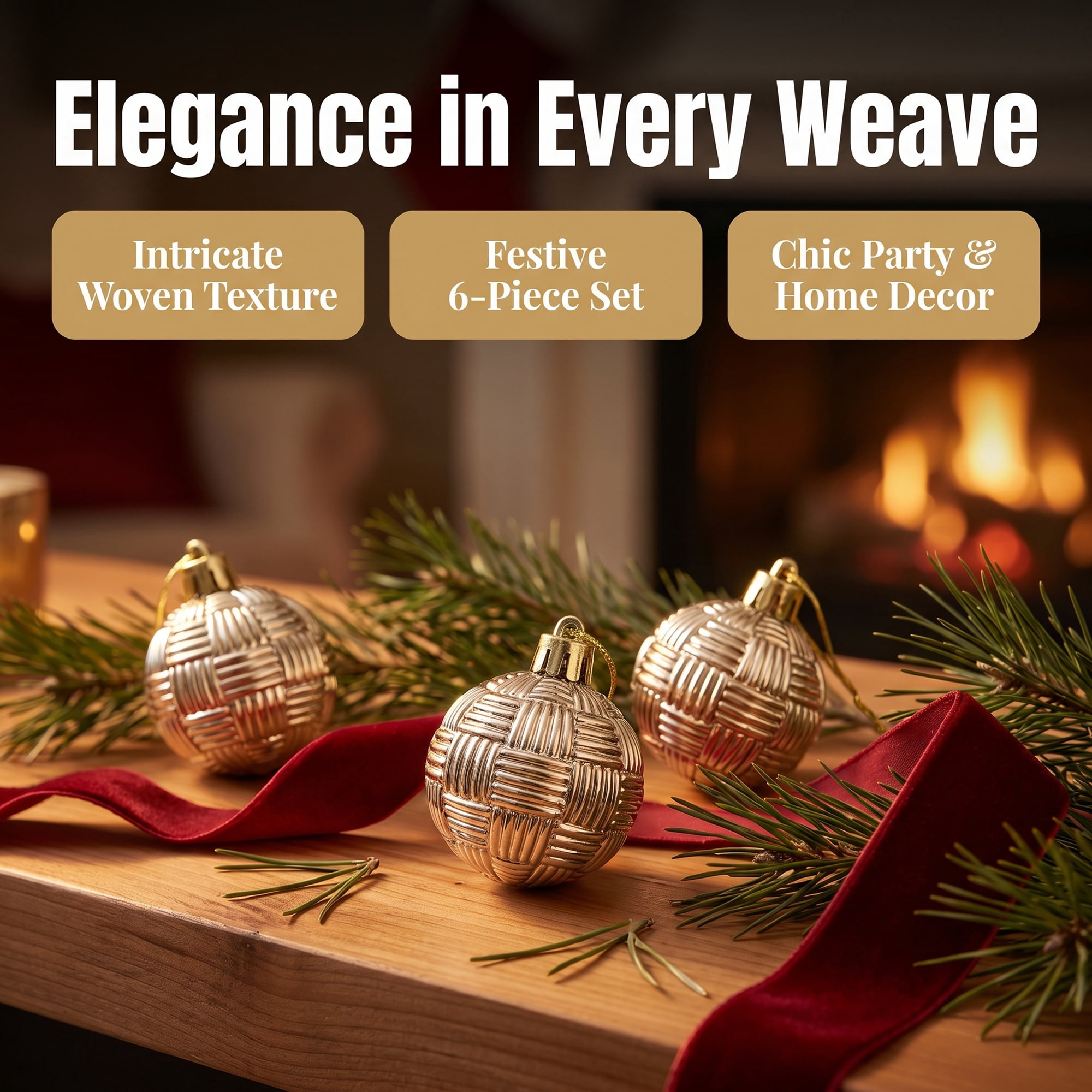 Unique Bargains 6Pcs Woven Texture Balls Mini Decorative Spheres Orbs Champagne 1.6"