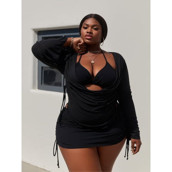 Plus Size Black Halter Cutout Swimsuit With Cover Up