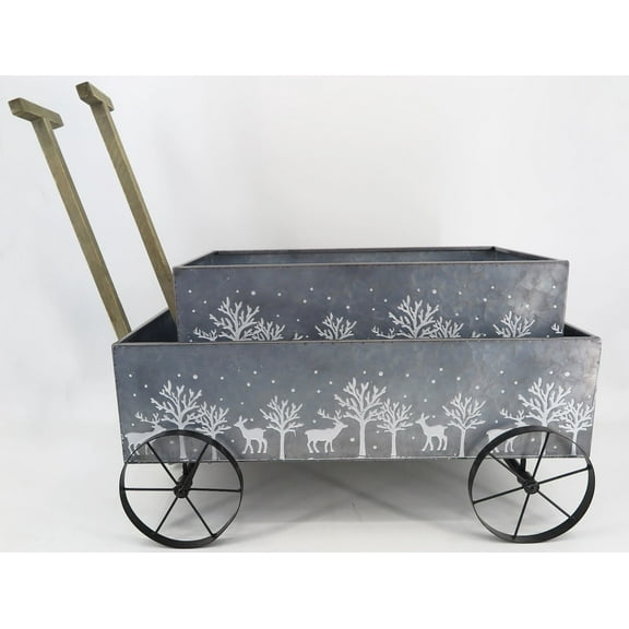 Set Of 2 Silver With Trees And Deer Wagon Planters