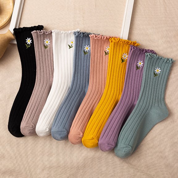 8Pairs Women's Ruffle Socks, Womens Fun Novelty Crew Colorful Fashion Casual Socks