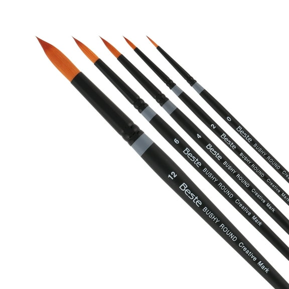 Creative Mark Beste Golden Taklon Bushy Round Set of 5 Artist Paint Brush, Professional Watercolor Brushes, For Acrylic Painting, Short Handle, Sharp Edges, Hand-Tied & Shaped