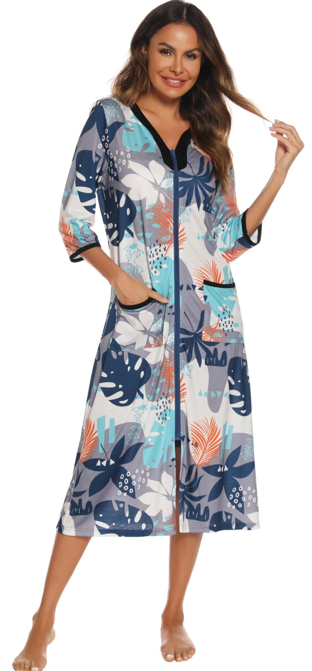 Womens Robes, LOFIR House Dresses for Elderly Women, Summer Robe for Women Lightweight with Pocket, Long Zip Up House Coat 3/4 Sleeve Moomoo Nightgowns Loungewear Gift for Women, Leaves, L