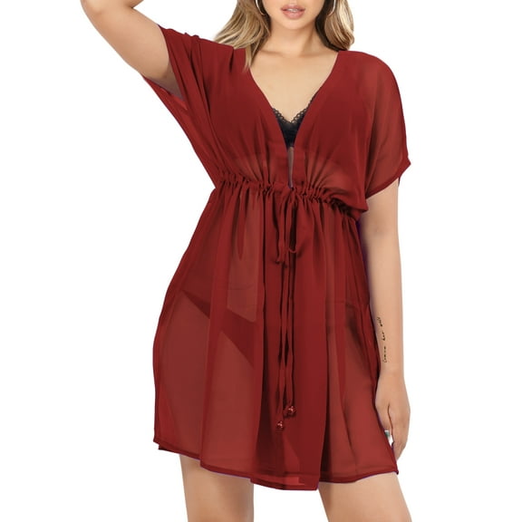 HAPPY BAY Women's Beachwear Summer Swim Beach Cover ups for Swimwear Bikini Sheer Chiffon Cover up V Neck Dress Bathing Suit Swimsuit Coverups for Women XL-XXL Solid Plain Maroon