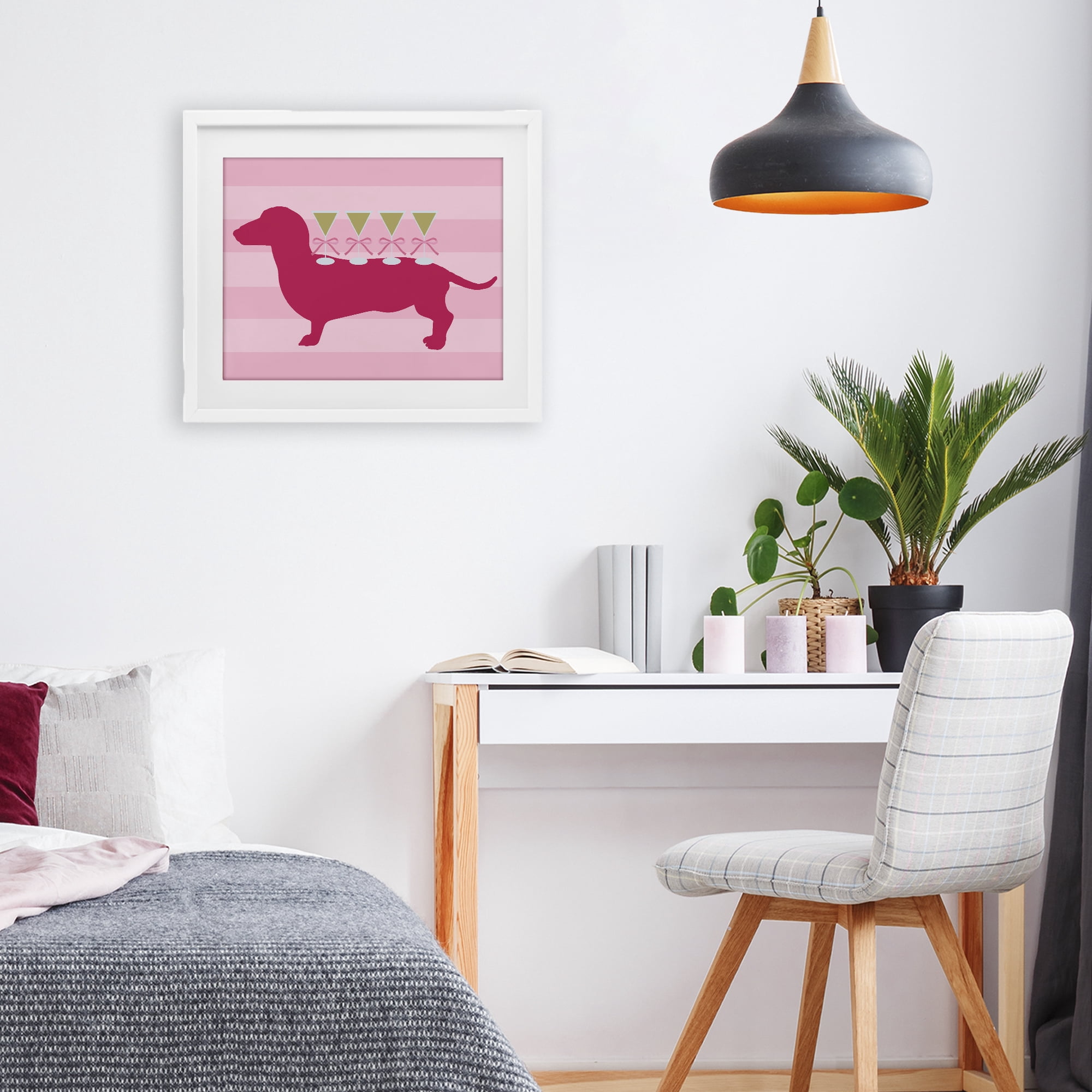 Stupell Industries Pink Dachshund With Martinis White Framed Print Under Glass, design by Lil' Rue