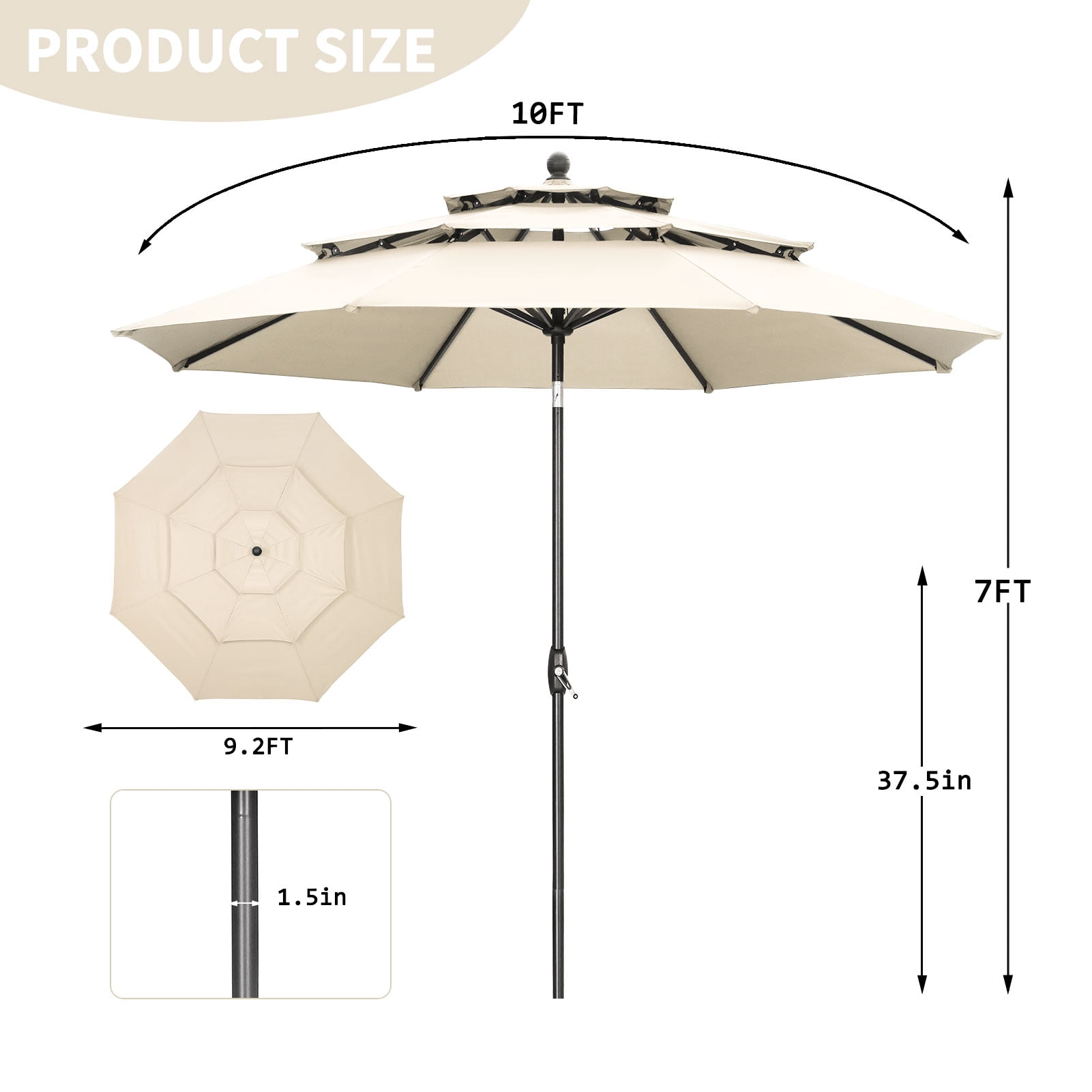 Ainfox 10ft Patio Umbrella 3 Tiers,Outdoor Table Market Umbrella w/Tilt Adjustment and Crank for Garden,Deck,Beach,Backyard,Pool,Khaki