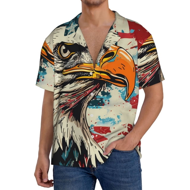 Fotbe Retro American Eagle Camisa Estampada de Manga Corta para Hombre, Casual de Verano, Estilo Playero, Sin Arrugas-X-Large