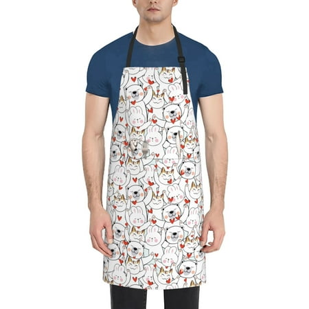 

Tebeau Cat Bear Rabbit Print Waterproof Cooking Aprons Adjustable Bib Soft Chef Apron with 2 Pockets for Men Women