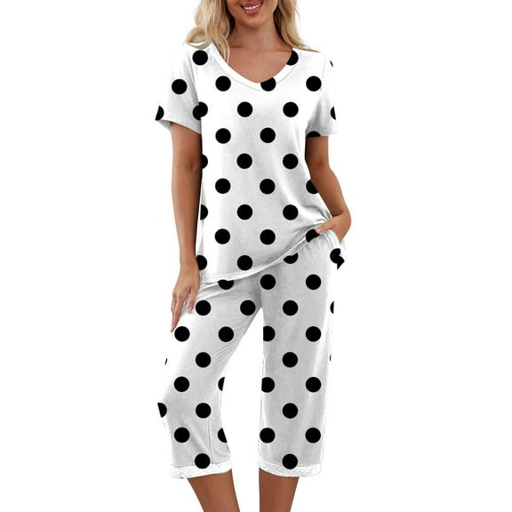 Womens Summer Pajamas Set Casual Short Sleeve V Neck Tops and Capri Pants with Pockets Sleepwear Pjs Loungewear