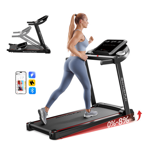 RHYTHM FUN Treadmill for Home, 2.5HP Folding Treamill with 8% Incline, Bluetooth Speakers, 0.5-8 MPH, 300 Ibs Capacity, LED Display