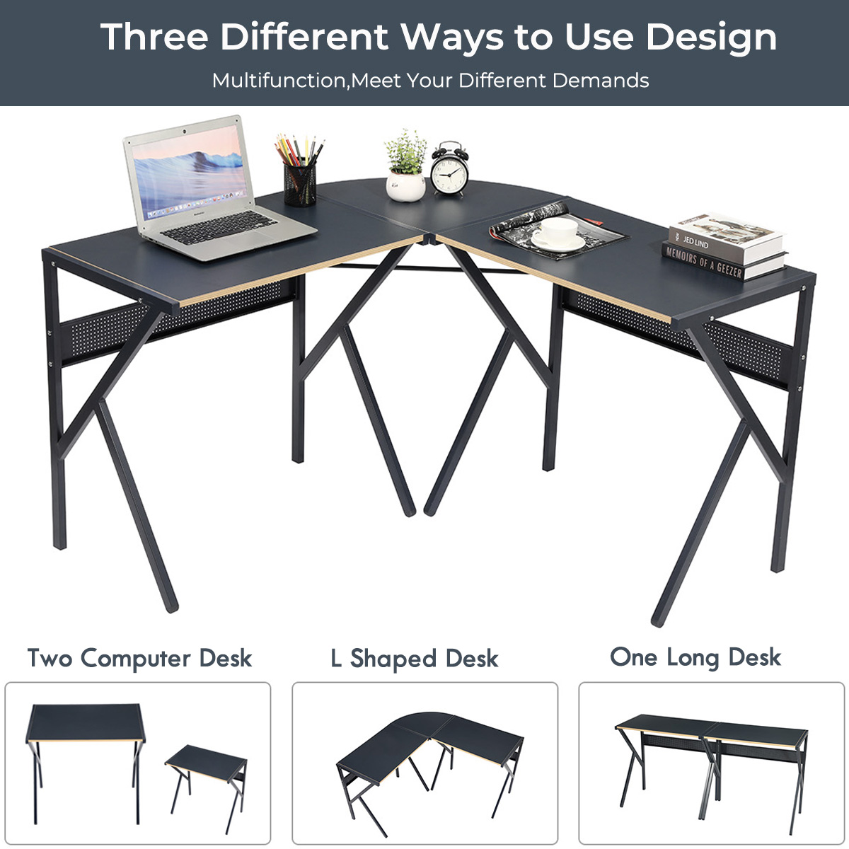Homy Casa L Shaped Computer Desk, Convertible Corner Desk, Home Office Gaming Writing Table, Black