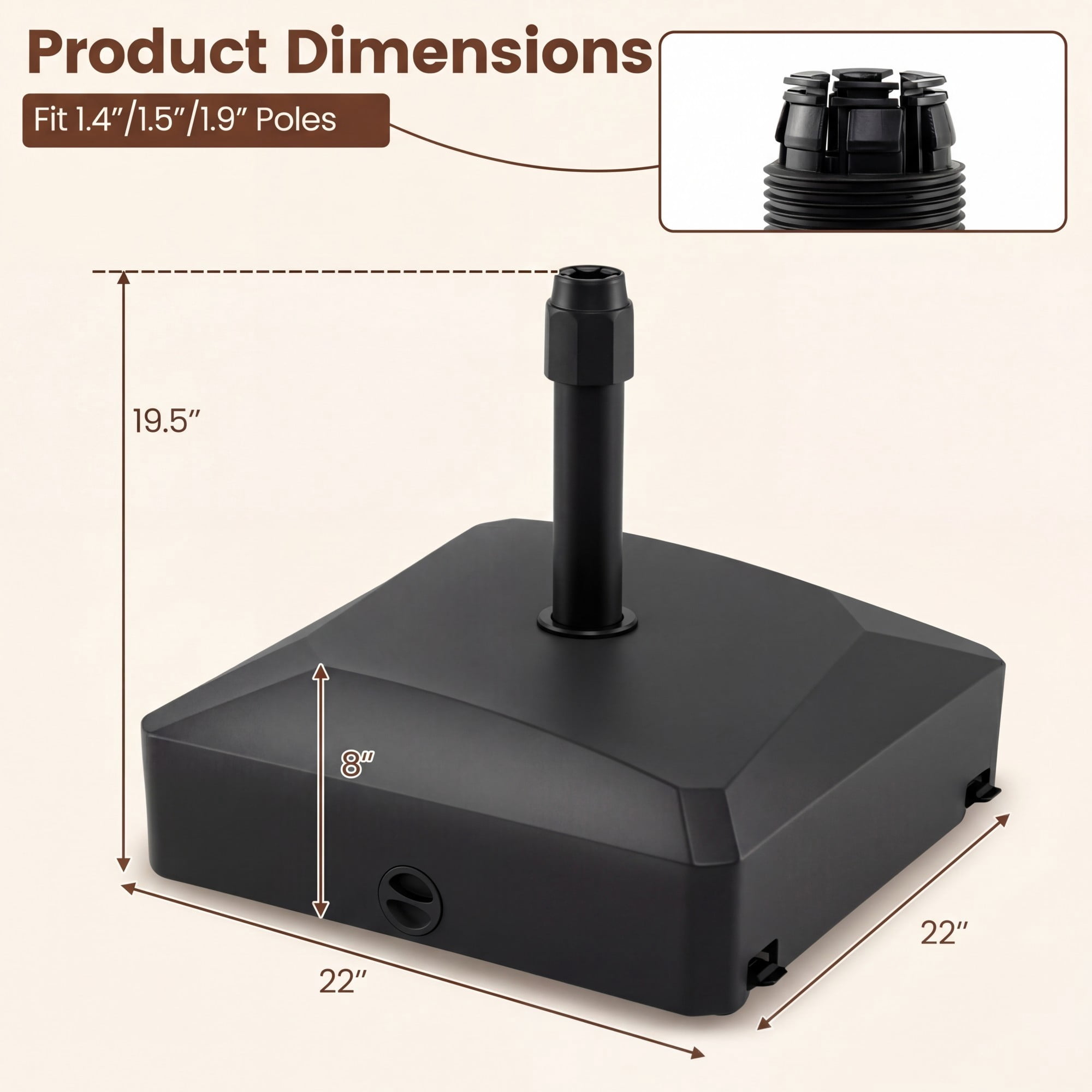 ELLEGNT Fillable Patio Umbrella Base - 176 lbs, 4 Mobile Wheels + 2 Locks, Fits 1.4-1.9" Pole