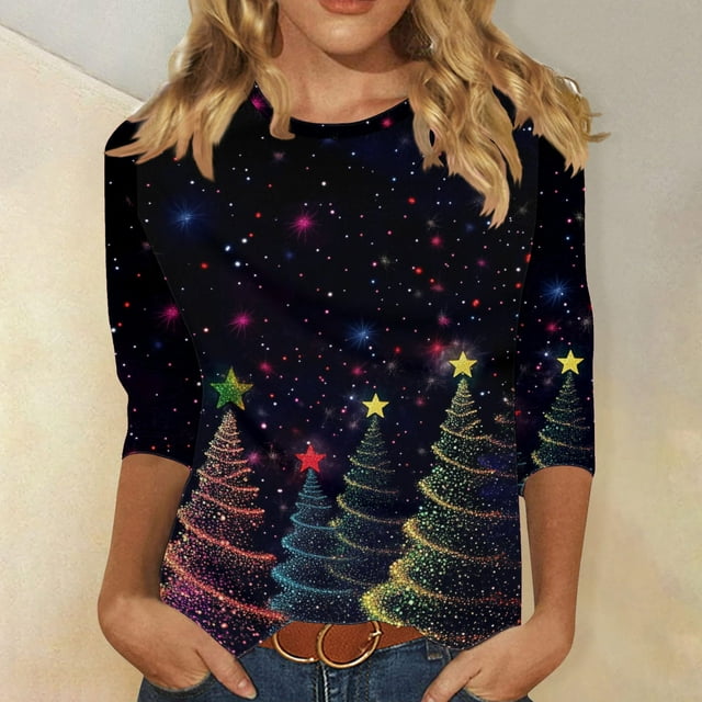 Qetyuw Womens 3/4 Sleeve Shirts Plus Size Round Neck Casual Tees Sparkling Colorful Xmas Tree Print Blouses Tops