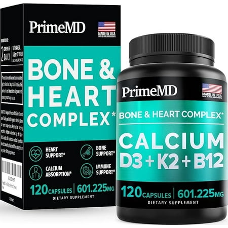 PrimeMD 4-in-1 Calcium Supplements for Women & Men - Calcium 600mg with Vitamin D3 K2 B12 5000 IU Supplement for Heart, Bone & Body Defenses - Gluten-Free, Non-GMO, Vegan Friendly (120 count)