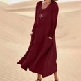 thumbnail image 2 of Robe en Lin de Coton pour Femmes Col Rond Imprimé Manches Longues Décontractée Ample Fluide Vacances Longue Robe avec Poches, 2 of 5