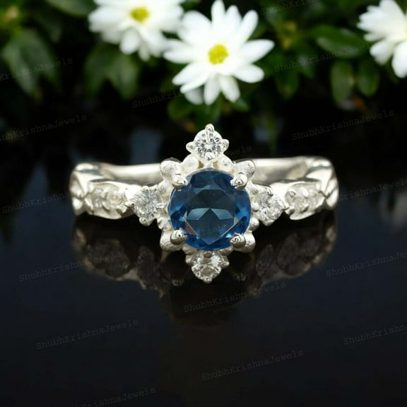 DBESTSTUDIOS 5 MM / 1.2 CT Round Blue Topaz Promise Ring Women Diamond Halo Ring Art Deco Statement Ring November Birthstone Ring