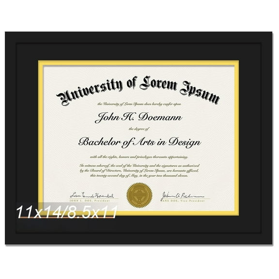 Certificate frame 11x14, black gold mat, holds 8.5x11 diploma with mat or 11x14 without mat, degree display frame for associates masters bachelor, elegant document frame, black