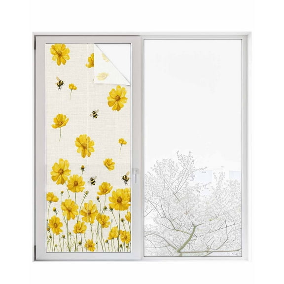 Window Privacy Film Yellow Floral Bee Stained Glass Window Film Decorative Sun Block Window Cover Summer Watercolor Botanical Flower Window Clings Static Adhesive Sticker for Bathroom 23.6"x59"