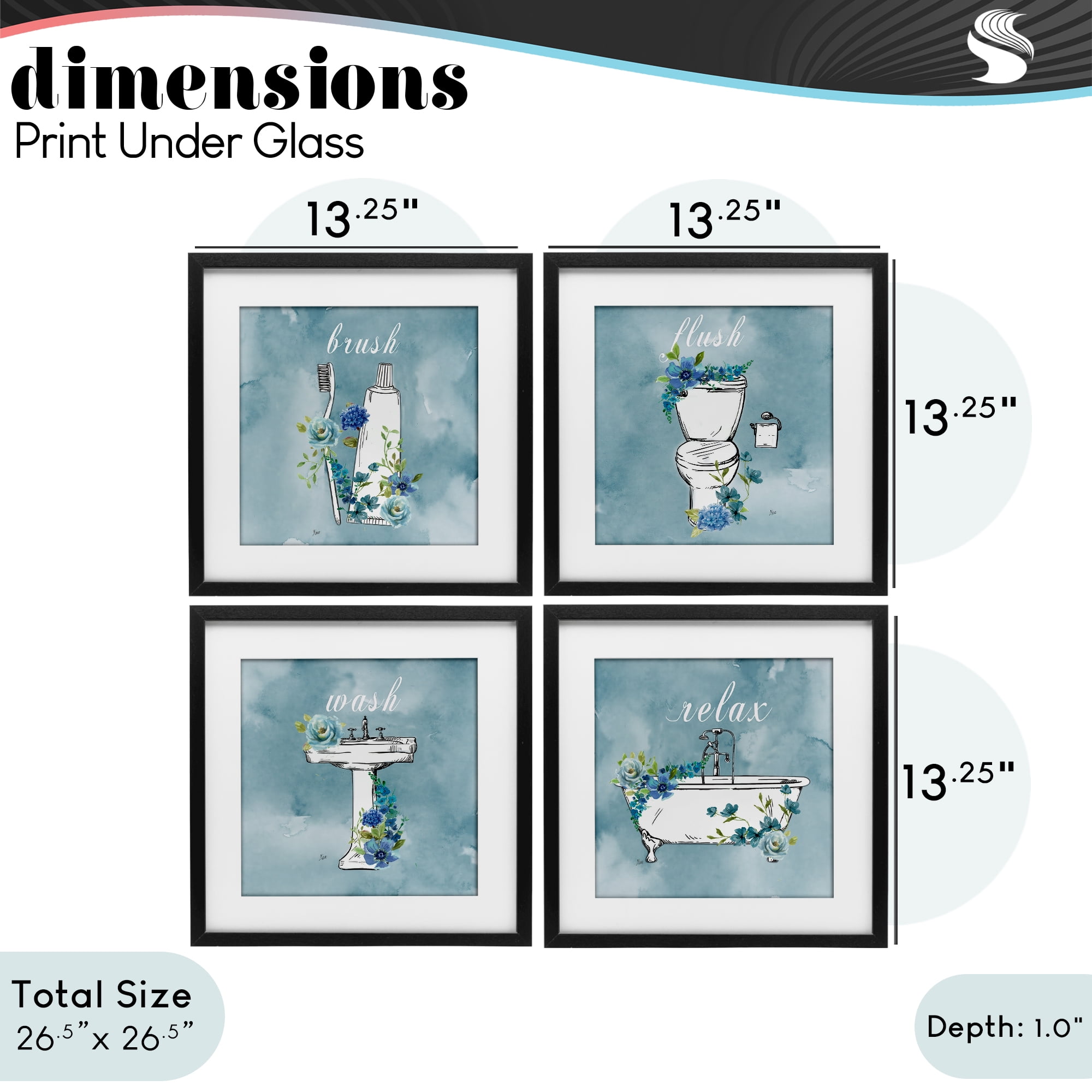 Stupell Industries Blue Floral Bathroom Rules 4 Piece Black Framed Print Under Glass Set, design by Nan