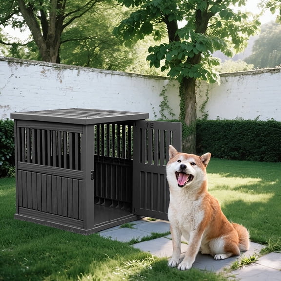 LOJIAWOWE Dog Crate Furniture with Lockable Door, Heavy Duty Resin Pet Kennel End Table for Small to Medium Dogs, Easy Clean Indoor Cage (Black)