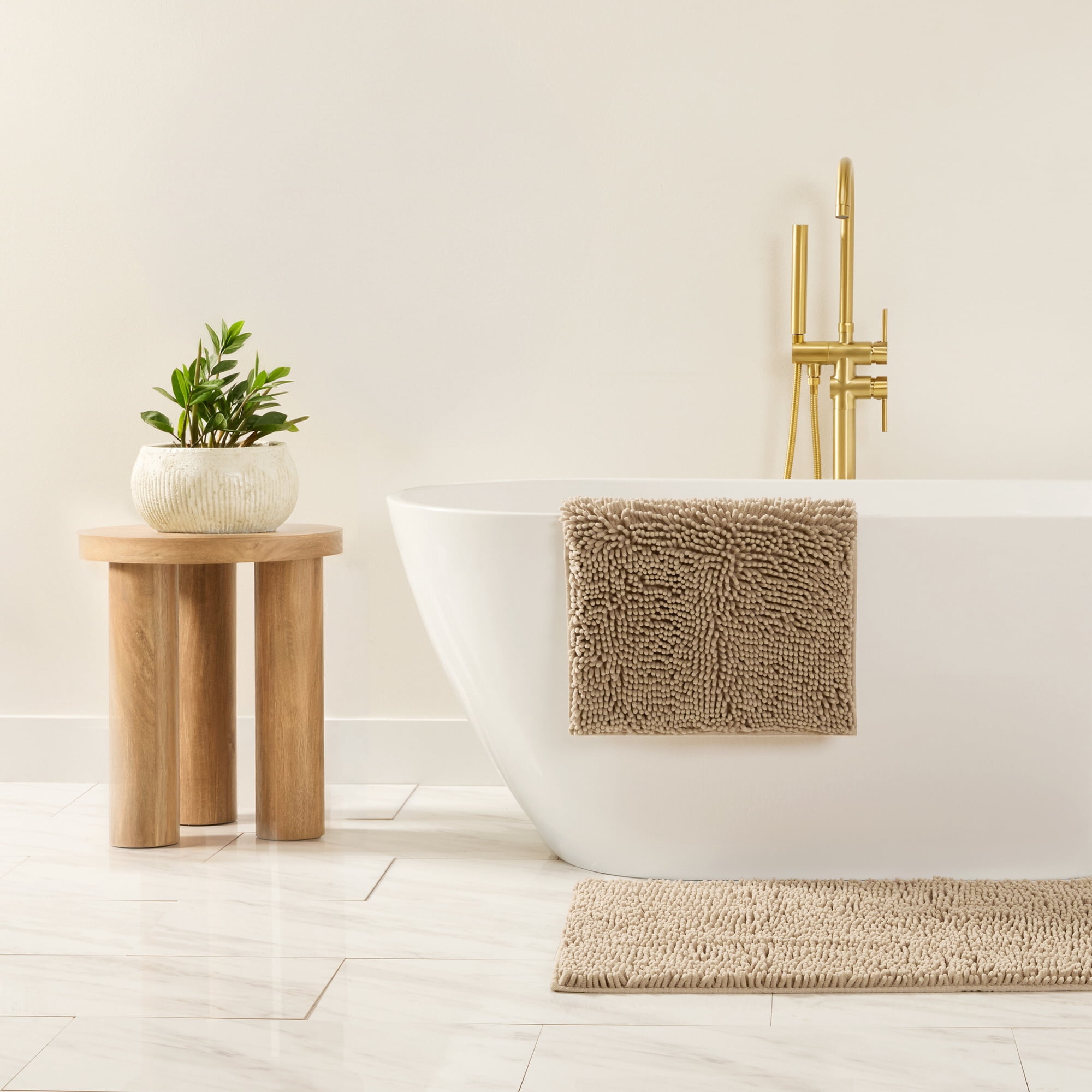 Soft Absorbent Chenille Bath Mat Rug with Anti-Skid Rubber Backing, 2 Pack, Tan, by Noble Linens