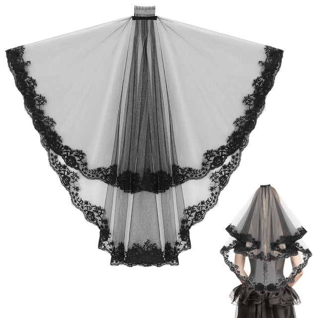 Velo de novia de encaje negro con borde de cinta para decoración de disfraces de Halloween.