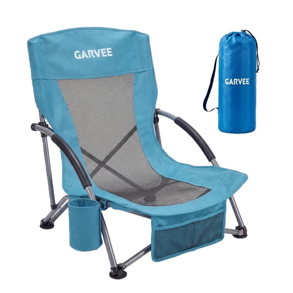 Low Reclining Beach Chair – Portable for Adults – Compact Travel – Breathable Mesh & Cup Holder – Outdoor – Camping & Festivals – Blue