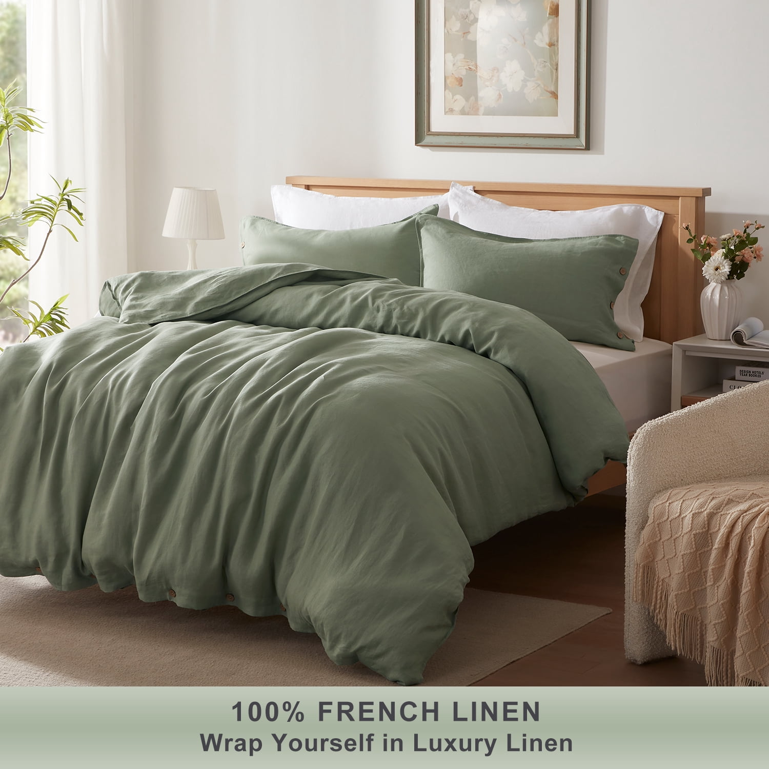 TOSMO 100% Linen Duvet Cover Set with Button Closure, 3 Pieces (1 Duvet Cover with 2 Pillowcases), Soft Breathable Durable Farmhouse Bedding