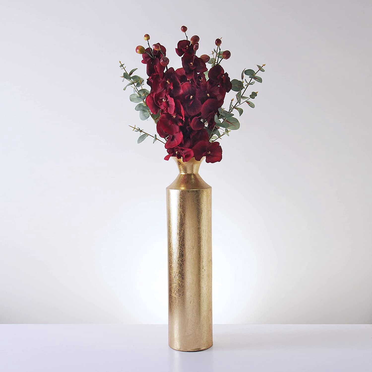 Hosley Decorative Gold Metal Tall Floor Vase 21.75" High w/Set of 6 Farmhouse Orchid Phalaenopsis Artificial Flowers 28" Long- Burgundy For Rooms. Ideal for Home Weddings Party & Special Occasions