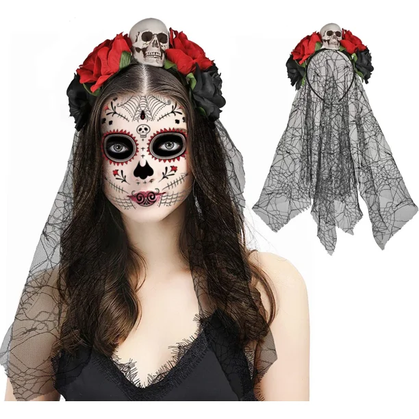 Diadema Con Velo Para Día De Los Muertos – Flores Mexicanas Y Calavera, Ideal Para Halloween Y Fiestas De Cosplay
