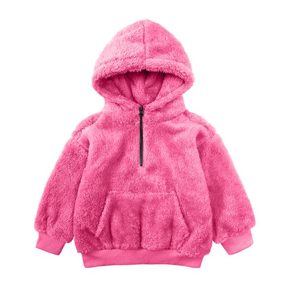 Chandails à Capuche Duveteux pour Petites Filles avec Poche, Demi-Fermeture Éclair, Chandail à Enfiler Chaud, Coupe Oversize, Molleton Sherpa, Chandail à Capuche (3 Ans, Rose Vif)