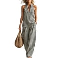 thumbnail image 2 of Womens Striped 2 Piece Sets Fashion Sleeveless V Neck Halter Top Matching Baggy Wide Leg Pants Set Summer Casual Outfits,Black XXL, 2 of 8