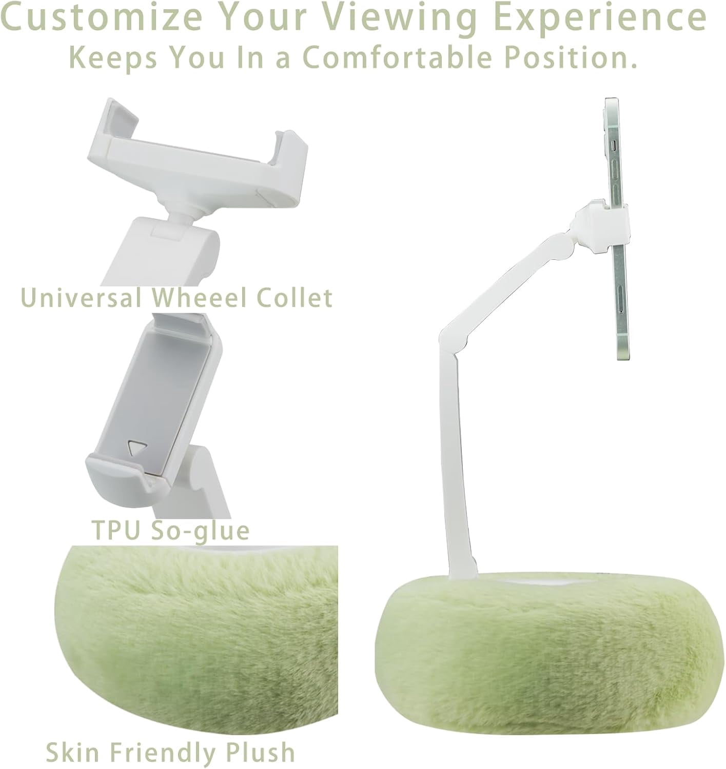JUMRHFAN Pillow Stand Holder for Reading in Bed, Compatible with 2.3"-3.5" Phone/iPhone, Google, Samsung, Kindle, Portable Adjustable Phone Holder for Bed with Soft Plush Fabric and Snack Bowl, Green