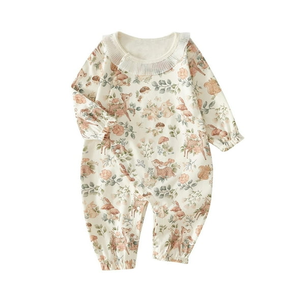 Odeerbi Baby Boys Girls Clothes Cotton Rompers Floral Jumpsuits Baby Short Sleeve Printed Color T-shirt Round Neck Onesie Bodysuit Khaki