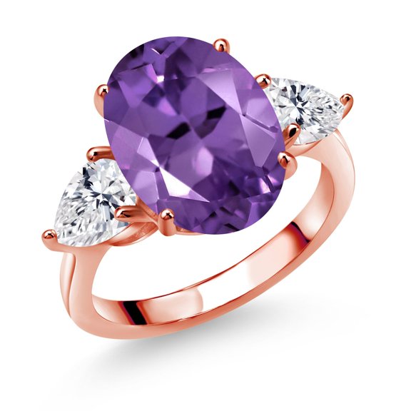 Gem Stone King 18K Rose Gold Plated Silver Purple Amethyst and Lab Grown Diamond Engagement Ring for Women | 8.04 Cttw | Oval 14X10MM | Gemstone February Birthstone | Size 6
