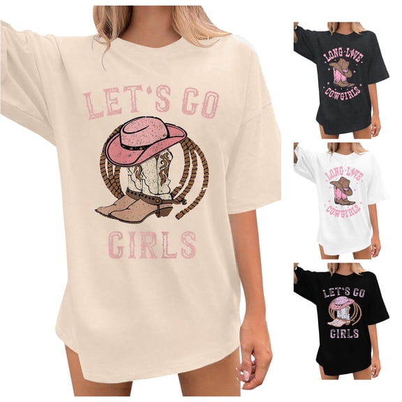 Trendfront Womens Western Country Graphic Tee Lets Go Girls Cowgirl Boots Print Crewneck Short Sleeve Oversized Fashion T Shirts