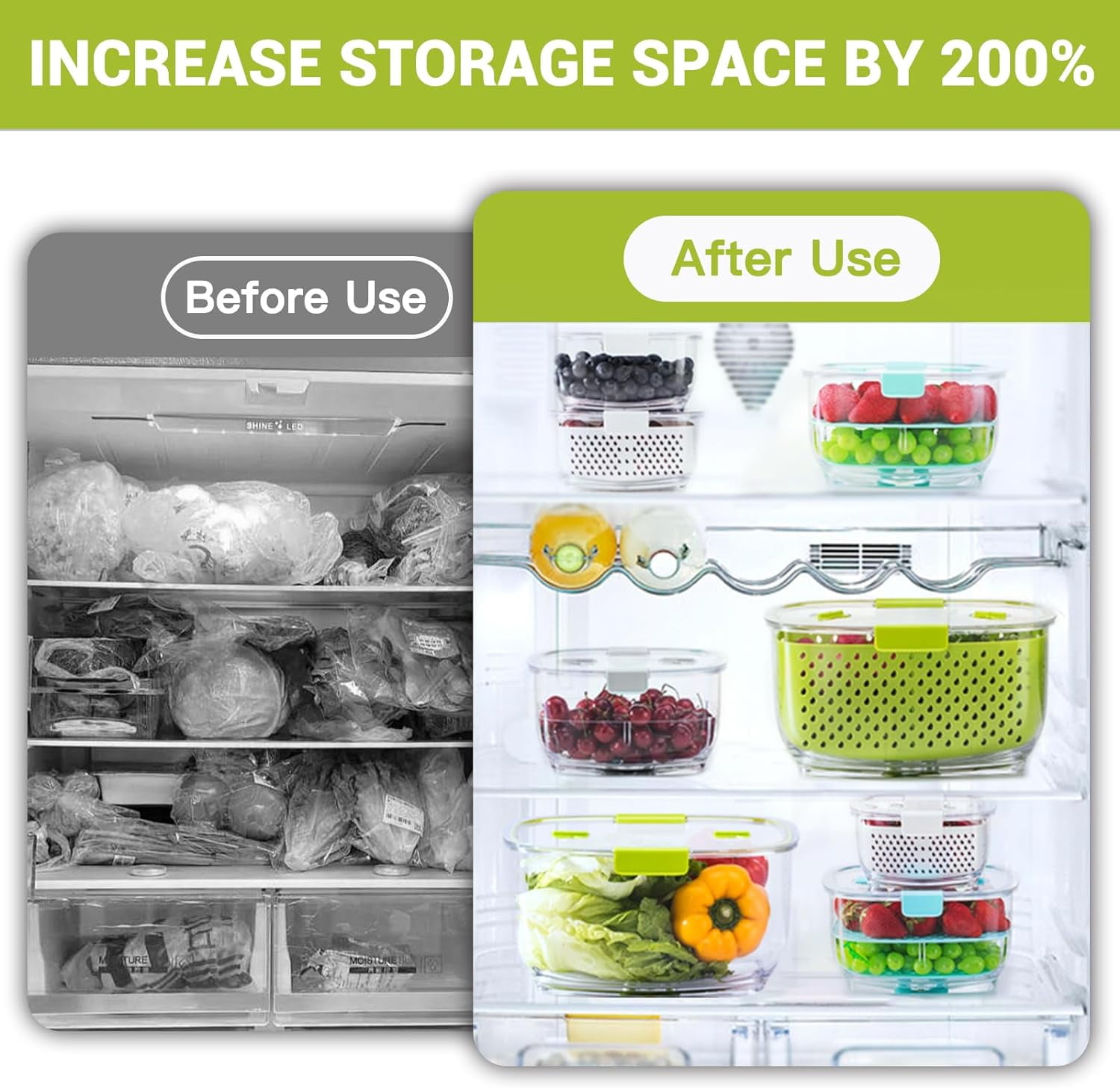 Fresh Produce Vegetable Fruit Storage Containers 3Piece Set, BPA-free Fridge Storage Container, Partitioned Salad Container, Fridge Organizers, Used in Storing Fruits Vegetables, Gray