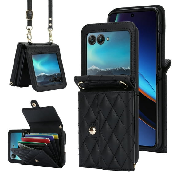 Allytechgroup Moto Razr 40 Ultra Wallet Case with Shoulder Strap, Premium PU Leather Multiple Cards Slots Protective Shockproof Portable Phone Case Cover for Motorola Moto Razr 40 Ultra 2023, Black