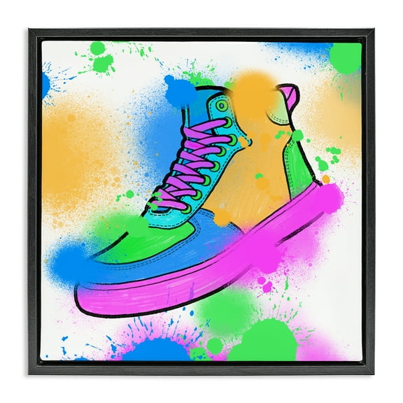 Stupell Industries Splattered Cool Sneakers Entertainment Painting Black Floater Framed Canvas Art Print Wall Art, 18 x 18